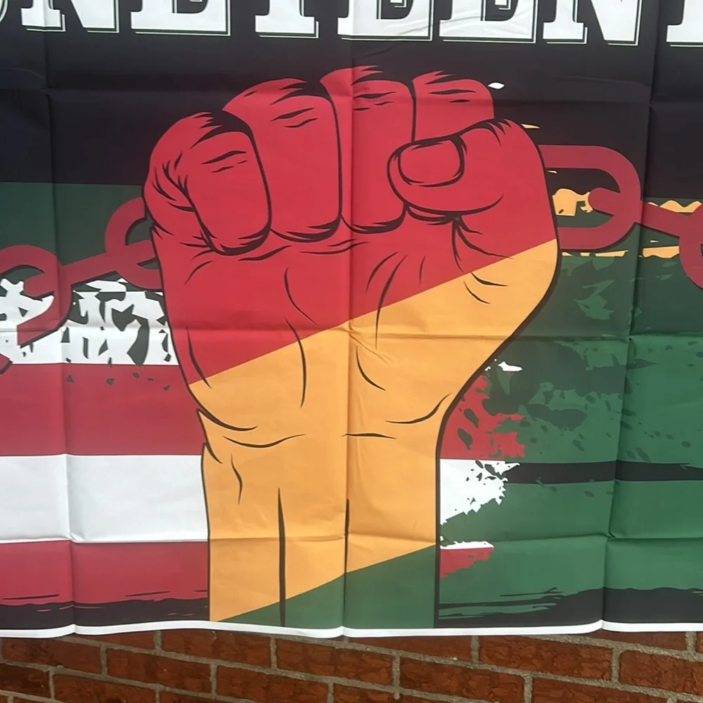 Happy Juneteenth / fist background,5 x 6,red,white,blue, green, black New